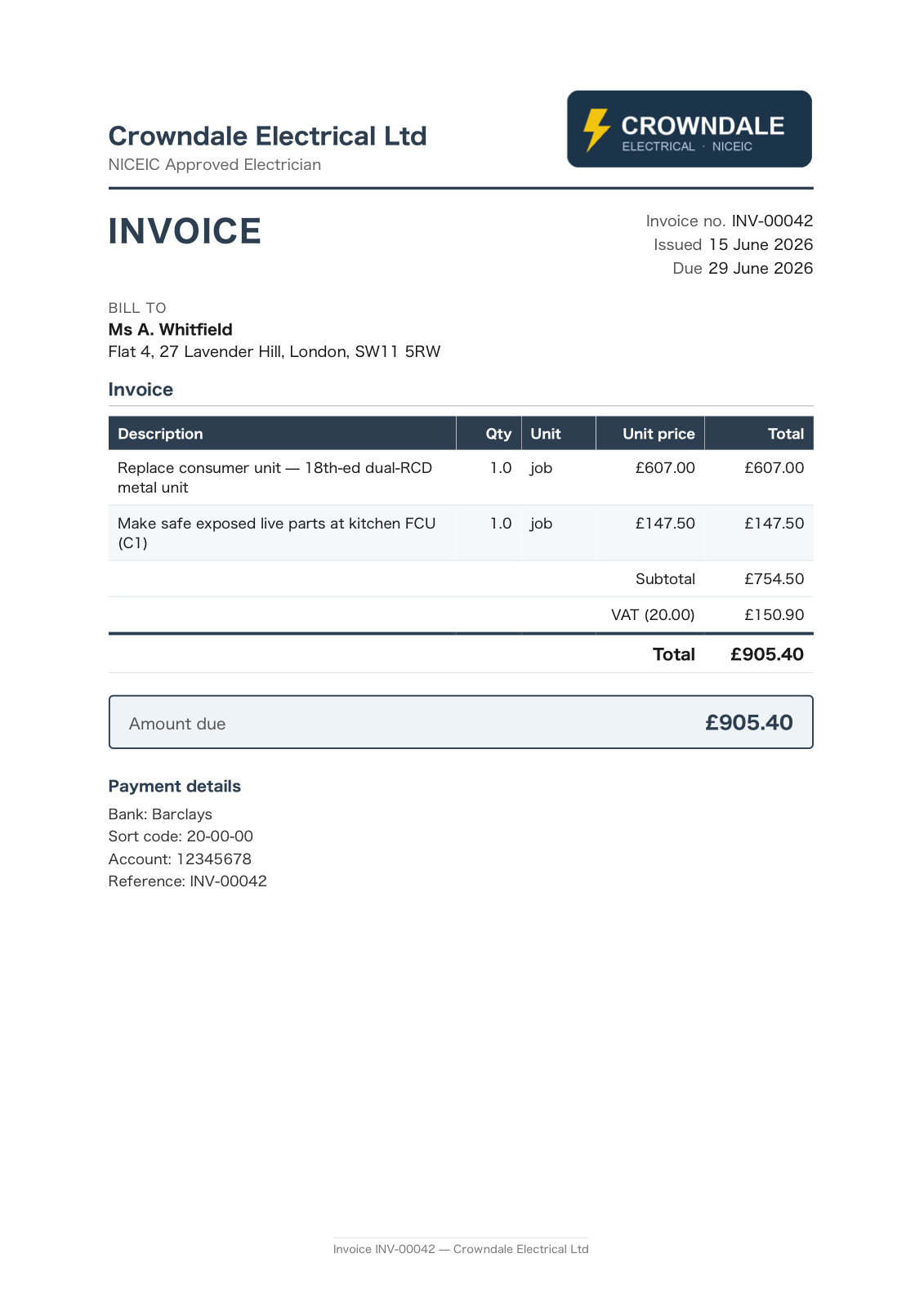 A real Modyx invoice — branded, itemised, with VAT and a card-payment link